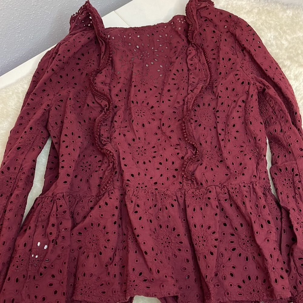 Madewell Long Sleeve Maroon Eyelet Detailed Blouse Size Small - Picture 7 of 11